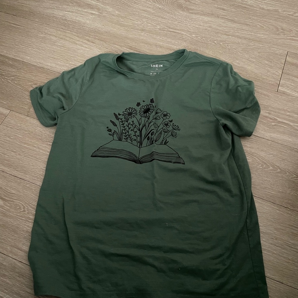 SHEIN Dark Green Floral Book Tee